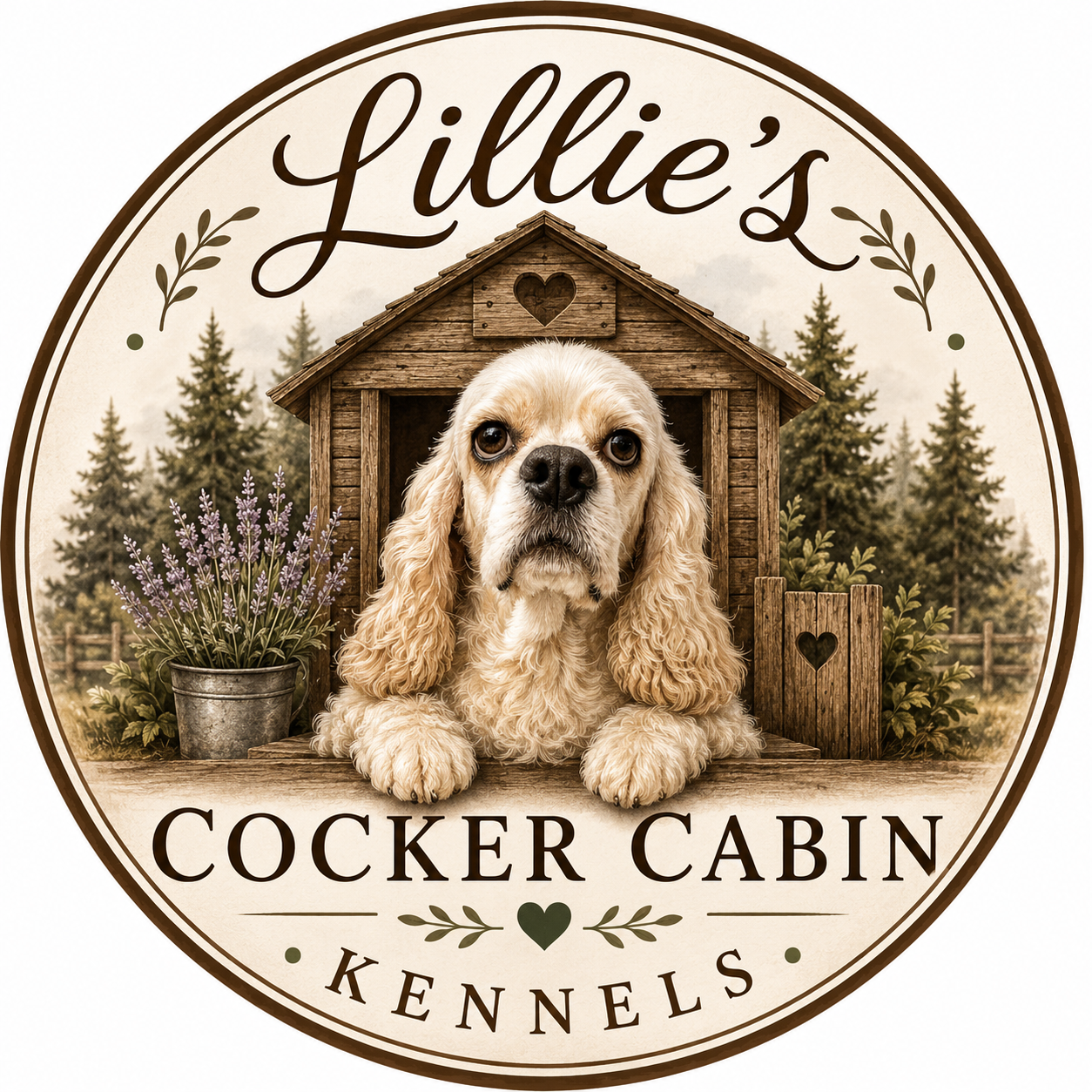 Lillie's Cocker Cabin logo featuring a Cocker Spaniel in front of a rustic cabin